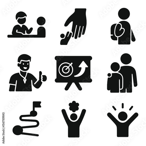 Youth Support Icons. Solid, filled icons set of youth support and guidance: school mentor, helping hand to