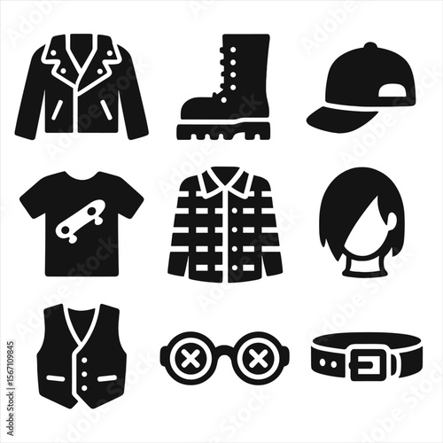 Youth Fashion Icons. Solid, filled icons set of youth and subcultural fashion: punk jacket, goth boots,