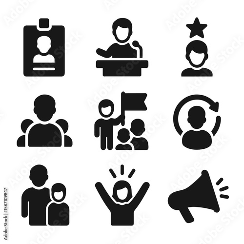 Youth Leadership Icons. Solid, filled icons set of youth speech and leadership programs: student badge, youth