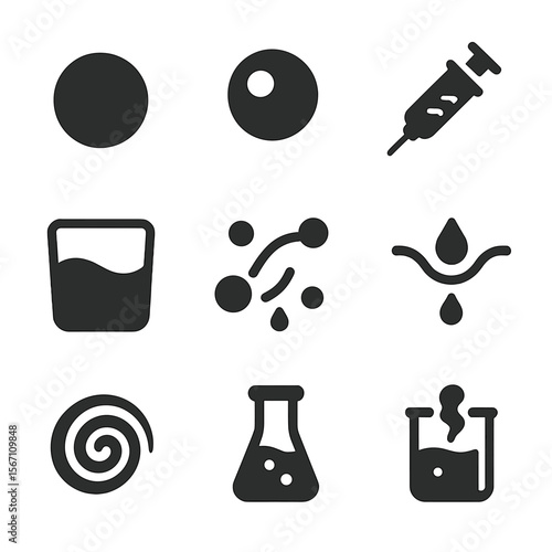 Zero Gravity Icons. Solid, filled icons set of fluid behavior in zero gravity: water sphere, air bubble, fluid