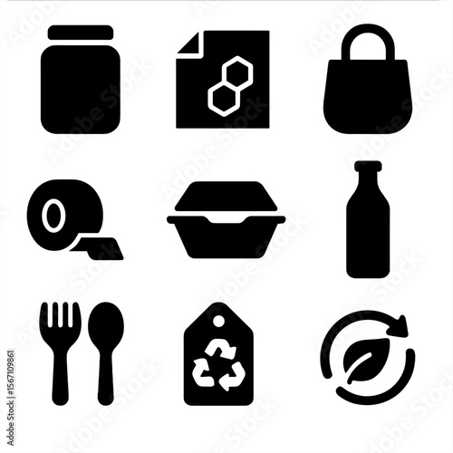 Zero-Waste Icon Set. Solid, filled icons set of zero-waste packaging: reusable jar, beeswax wrap, cloth bag,