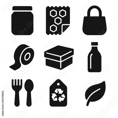 Zero-Waste Icon Set. Solid, filled icons set of zero-waste packaging: reusable jar, beeswax wrap, cloth bag,