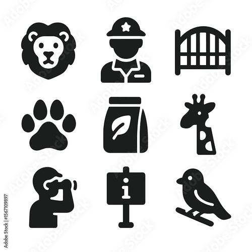 Zoo Icons Collection. Solid, filled icons set of zoo and wildlife center trips: animal icon, zookeeper,