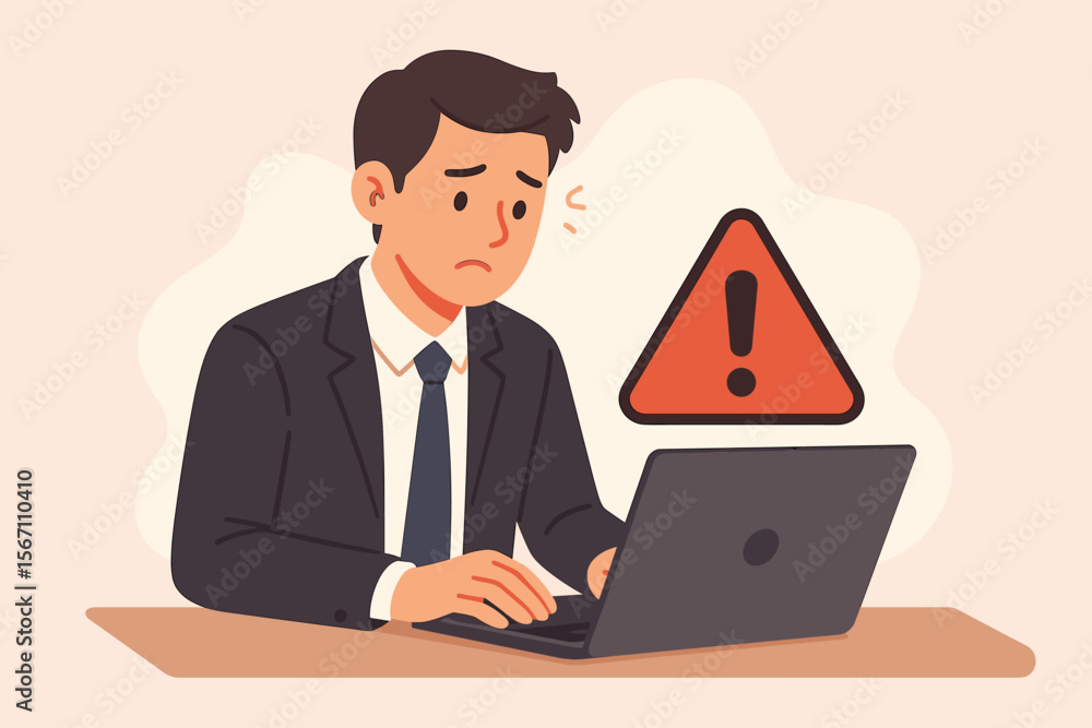 Frustrated businessman, programmer or IT support staff with laptop showing an error. Worried office worker sees a system failure alert. Concept of maintenance, warning, security breach. Frustrated businessman, programmer or IT support staff with laptop showing an error. Worried office worker sees a system failure alert. Concept of maintenance, warning, security breach.