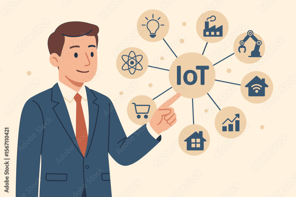 Businessman managing an Internet of Things (IoT) system. Flat vector illustration with network icons for smart industry, home automation, data analytics, and innovation technology. Businessman managing an Internet of Things (IoT) system. Flat vector illustration with network icons for smart industry, home automation, data analytics, and innovation technology.