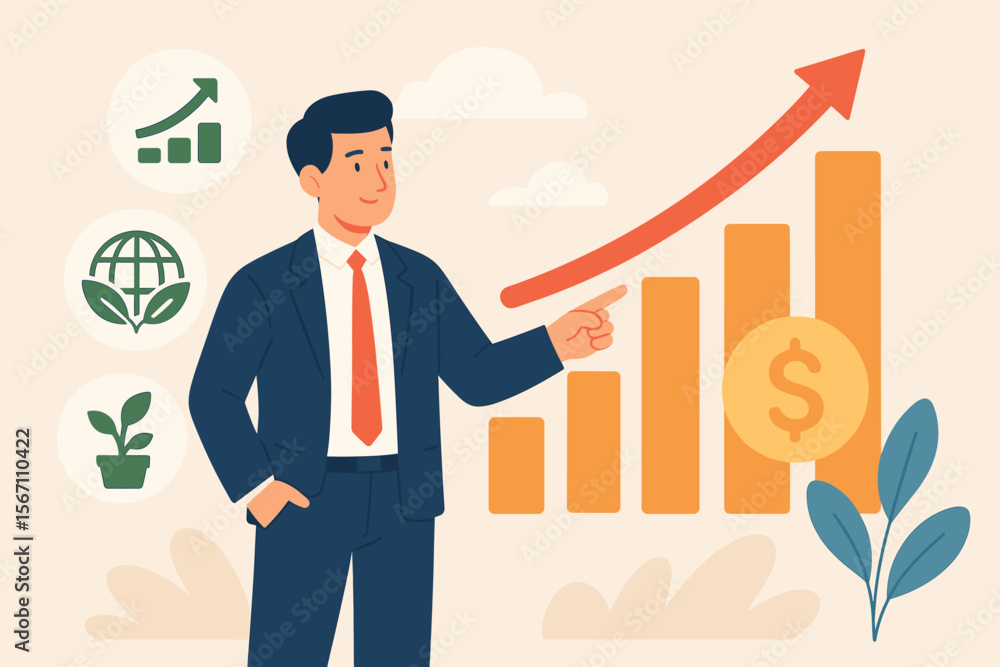 Green business and ESG investment concept. Businessman pointing at a profit growth graph. Sustainable development strategy and corporate social responsibility for future financial success. Green business and ESG investment concept. Businessman pointing at a profit growth graph. Sustainable development strategy and corporate social responsibility for future financial success.