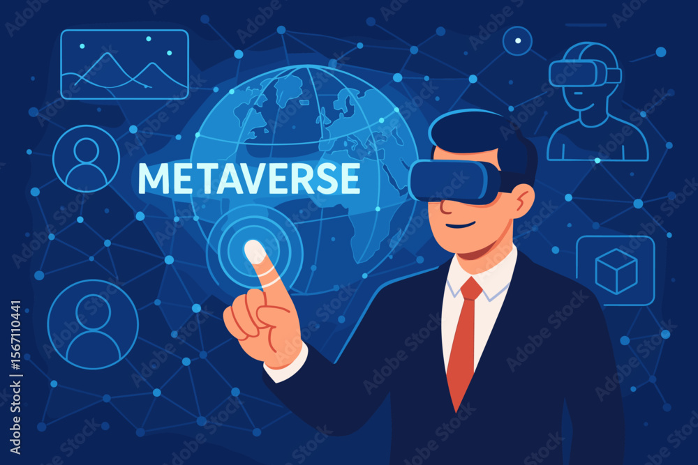 Businessman Interacting with Metaverse Technology on Global Digital Network, Virtual Reality, Augmented Reality, User Interface, Futuristic Internet, Blockchain, Innovation Concept Businessman Interacting with Metaverse Technology on Global Digital Network, Virtual Reality, Augmented Reality, User Interface, Futuristic Internet, Blockchain, Innovation Concept