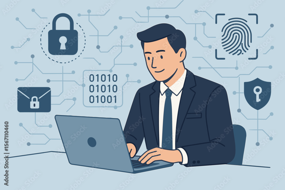Businessman using laptop with encrypted business data network, fingerprint scanning, biometric security identification, cybersecurity protection, secure business transaction, digital privacy Businessman using laptop with encrypted business data network, fingerprint scanning, biometric security identification, cybersecurity protection, secure business transaction, digital privacy