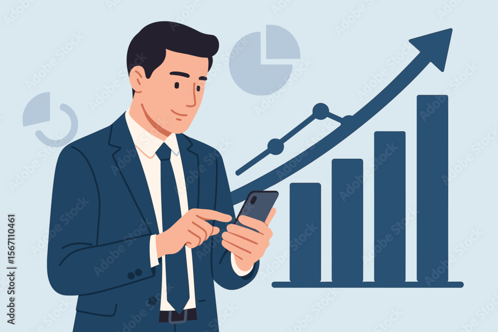 Businessman in suit using smartphone analyzing financial data, sales growth, bar chart, upward arrow, economic success, statistics, digital business analytics, modern vector illustration Businessman in suit using smartphone analyzing financial data, sales growth, bar chart, upward arrow, economic success, statistics, digital business analytics, modern vector illustration