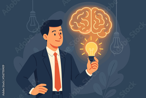 Creative idea and innovation concept. Businessman holding a glowing light bulb with a virtual brain. Inspiration, smart thinking, motivation and finding a successful business solution.