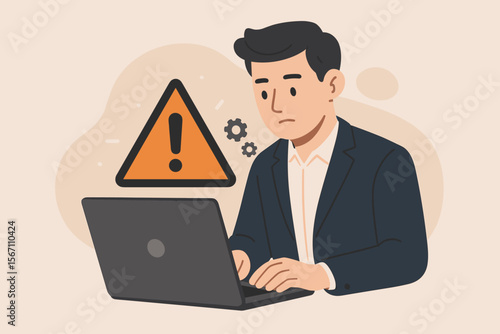 Worried businessman, programmer, or IT staff working on a laptop with a warning notification. Concept for system error, maintenance, bug, software problem, or security threat alert.