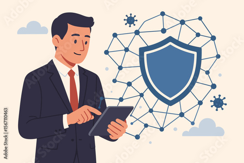 Businessman using tablet for cybersecurity protection, network shield, digital data security, online privacy defense, secure connection, antivirus technology, modern flat vector illustration