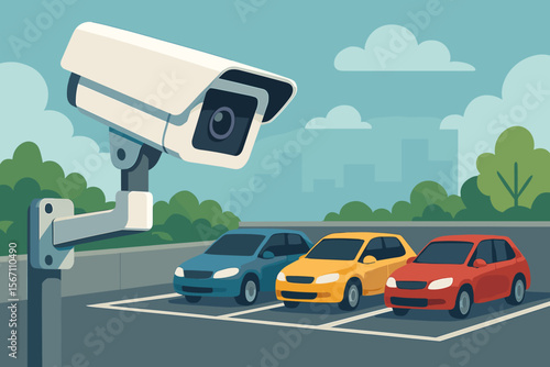 Surveillance camera monitoring parking lot security. Modern flat vector illustration of CCTV system overseeing parked cars. Urban safety, car park protection, outdoor video surveillance concept