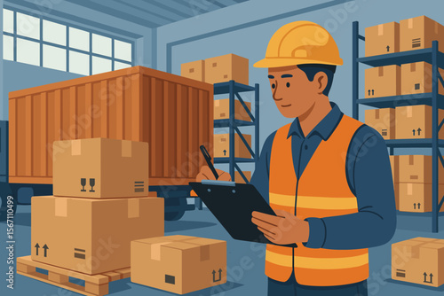 Warehouse logistics worker checking inventory with clipboard. Cargo boxes, pallet, shipping container, import export process, distribution center storage. Modern flat vector illustration