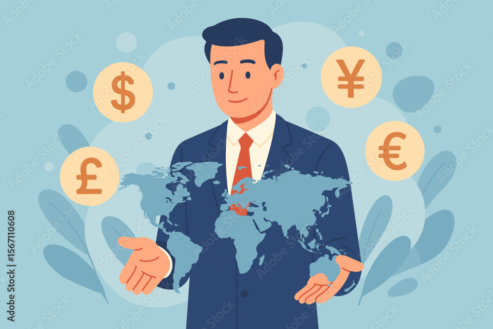 International Currency Exchange Concept, Businessman in Suit Holding World Map with Dollar, Euro, Pound, Yen, Yuan Symbols, Global Finance, Forex Trading, Investment, Banking Illustration International Currency Exchange Concept, Businessman in Suit Holding World Map with Dollar, Euro, Pound, Yen, Yuan Symbols, Global Finance, Forex Trading, Investment, Banking Illustration