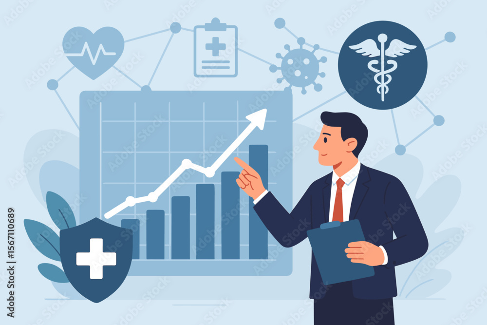 Businessman Analyzing Healthcare Growth Data, Medical Network, Rising Disease Trends, Health Awareness, Medical Statistics, Healthcare Business Success, Data Analysis, Medical Progress Concept Businessman Analyzing Healthcare Growth Data, Medical Network, Rising Disease Trends, Health Awareness, Medical Statistics, Healthcare Business Success, Data Analysis, Medical Progress Concept