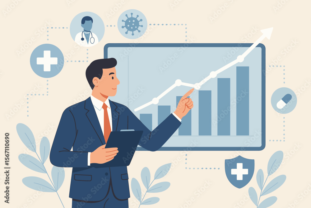 Businessman Analyzing Healthcare Data Growth, Medical Network Trends, Emerging Disease Impact, Rising Awareness, Health Analytics, Medical Statistics, Healthcare Business Success Concept Businessman Analyzing Healthcare Data Growth, Medical Network Trends, Emerging Disease Impact, Rising Awareness, Health Analytics, Medical Statistics, Healthcare Business Success Concept