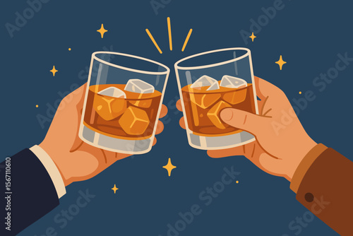 Whiskey glasses with ice clinking in celebratory toast, friends cheering with bourbon drinks at party night, after work celebration, alcohol beverage, modern flat cartoon vector illustration