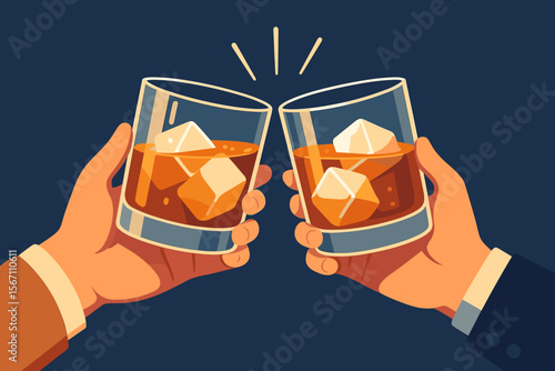 Whiskey glasses with ice cubes clinking in cheers, friends celebrating after work, bourbon whisky drinks, alcohol beverage, party night, modern flat cartoon vector illustration