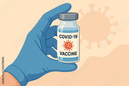 Doctor hand in blue medical gloves holding COVID-19 vaccine vial. Coronavirus vaccination, immunization, pandemic prevention, healthcare, medicine, virus protection, scientific research concept
