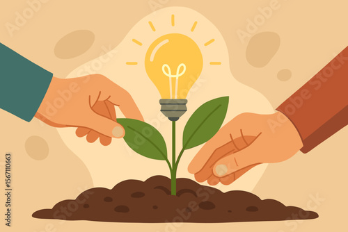 Innovation growth concept. Hands nurturing plant with glowing light bulb. Creative idea, teamwork, sustainability, green energy, eco innovation, support, inspiration. Modern flat vector illustration