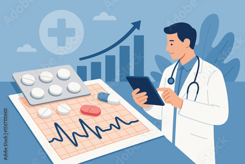 Modern healthcare business growth concept with doctor using tablet, stethoscope, heartbeat chart, pills, rising graph, digital medical technology, pharmaceutical innovation, patient treatment