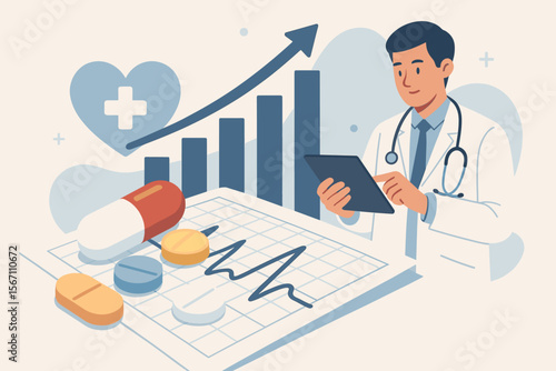Healthcare business growth concept with doctor using tablet, patient medication pills, heartbeat report, rising bar graph, medical statistics, pharmaceutical industry, digital health analysis