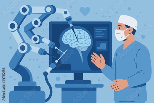 Advanced Medical Technology in Neurosurgery, Surgeon Using High-Precision Robotic Arm for Brain Analysis, Innovative Healthcare Robotics, Human Brain Diagnostics, Modern Hospital Technology Concept