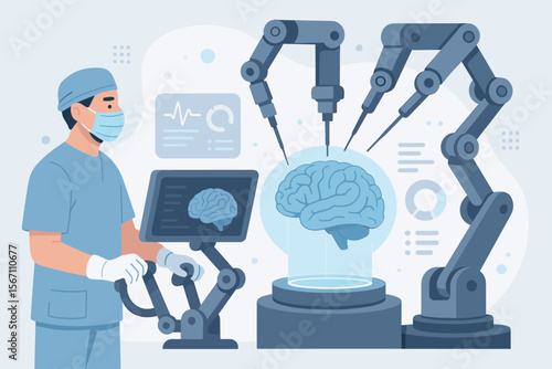 Neurosurgery robot operation. Surgeon controls robotic arms for brain surgery. Advanced medical technology, artificial intelligence, precision healthcare, human brain analysis, innovation in medicine.