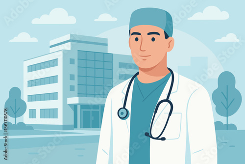 Professional medical doctor or surgeon with stethoscope standing outside modern hospital building. Healthcare and medicine concept. Flat cartoon vector illustration for clinic, ER, medical staff