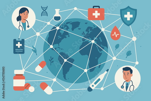 Global healthcare network concept. Doctors, medical icons, pills, medicine, digital health, telemedicine, worldwide connection, modern flat vector illustration, medical technology, global care