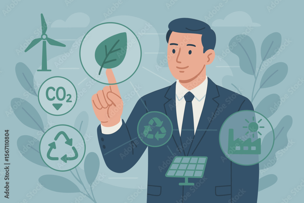 Businessman Touching Virtual Net Zero Icons, Renewable Energy, CO2 Emissions Reduction, Green Production, Waste Recycling, Sustainability, Eco-Friendly Business, Environmental Responsibility Businessman Touching Virtual Net Zero Icons, Renewable Energy, CO2 Emissions Reduction, Green Production, Waste Recycling, Sustainability, Eco-Friendly Business, Environmental Responsibility