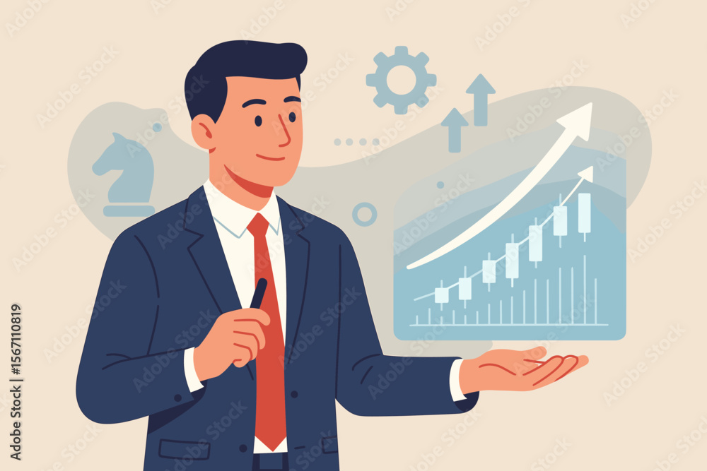 Businessman Presenting Stock Market Growth Strategy, Financial Success, Investment Planning, Trading Progress, Rising Graph, Market Analysis, Business Development, Economic Achievement Concept Businessman Presenting Stock Market Growth Strategy, Financial Success, Investment Planning, Trading Progress, Rising Graph, Market Analysis, Business Development, Economic Achievement Concept