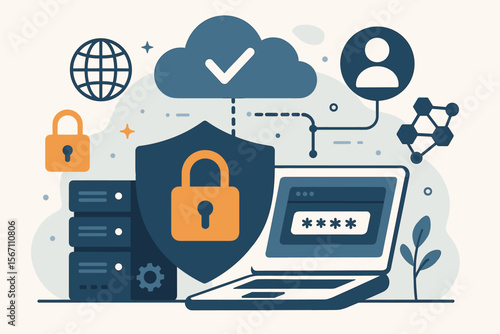 Cybersecurity Data Protection Network Security System Concept. Cloud Computing, Secure Server, Password Login, User Privacy, Firewall, Encryption, Internet Safety, Modern Flat Vector Illustration