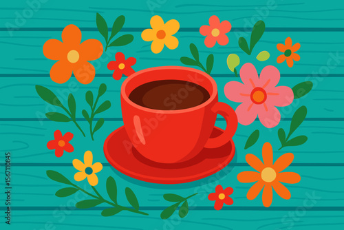 Bright red coffee cup with hot drink on vibrant teal wooden background, surrounded by colorful spring flowers and green leaves. Modern flat vector illustration. Morning beverage concept