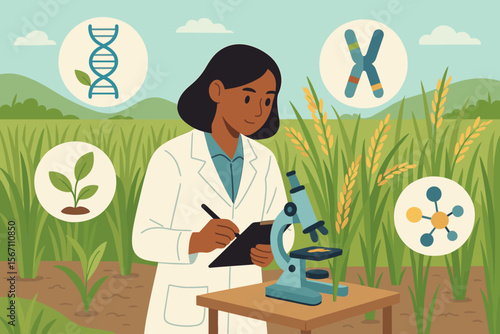 Female Scientist Conducting Plant Genetics Research in Rice Field, Chromosome Analysis, DNA, Biotechnology, Agricultural Innovation, Plant Biology, Laboratory Experiment, Crop Development