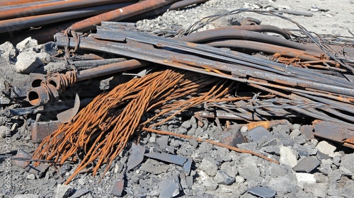 Rusty Metal Scrap Pile on Construction Site with Debris and Gravel