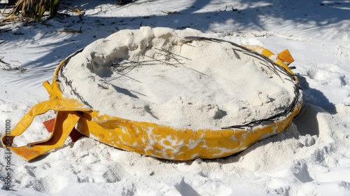 Yellow Sand Bag on Beach with Sand and Grass Surroundings