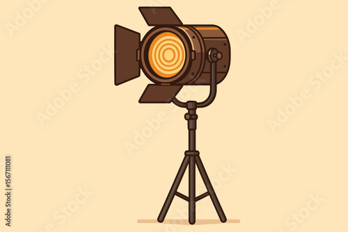 Vintage movie spotlight on tripod stand. Retro film studio lighting equipment. Cinematic stage lamp. Classic theater production light. Flat modern vector cartoon illustration. No text design.