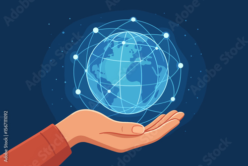 Hand Holding Virtual Globe with Global Internet Connection, Digital Network, Metaverse, Business Technology, Online Communication, Digital Marketing, Financial Banking Concept Illustration