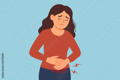 Woman Holding Stomach in Pain Suffering from Abdominal Discomfort, Menstrual Cramps, Gastric Ulcer, Appendicitis, Gastrointestinal Disease, Healthcare and Medical Concept Illustration