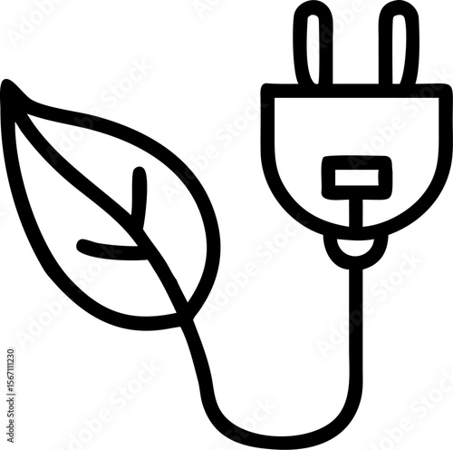 A single isolated flat vector icon of a green leaf combined with an electrical plug, symbolizing renewable energy or sustainability, clean vector style