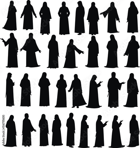Diverse silhouettes of people in robes praying and gesturing