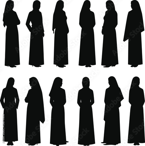 Twelve muslim women silhouettes diverse poses abayas