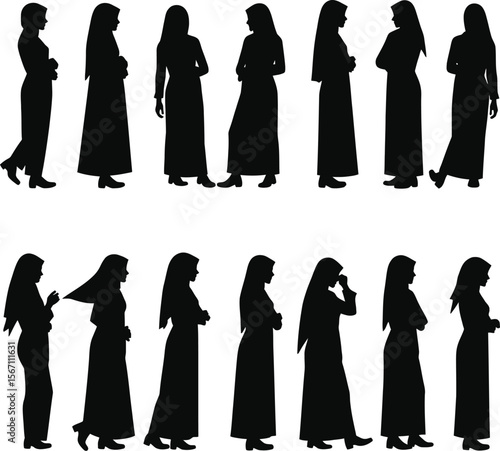 Muslim women silhouettes diverse poses islamic clothing