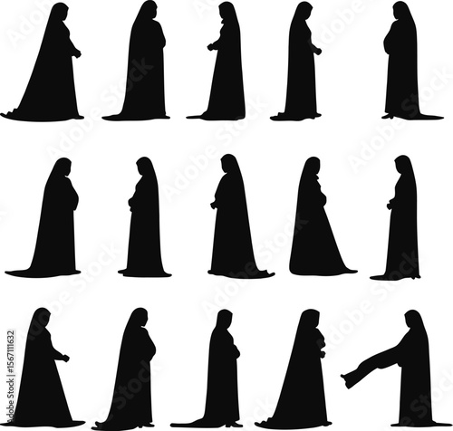 Silhouettes of women in long robes praying or standing