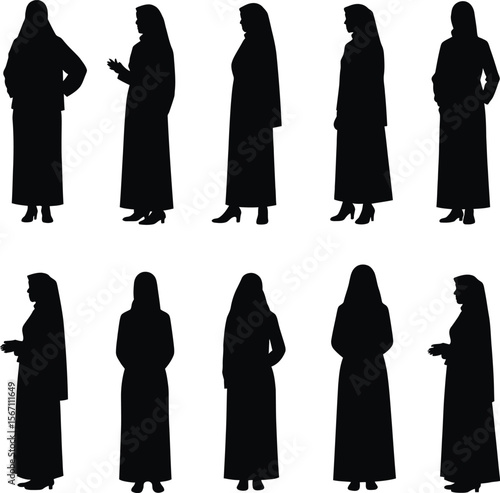 Muslim women silhouettes diverse poses abayas