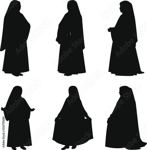 Six muslim women silhouettes diverse poses abaya niqab