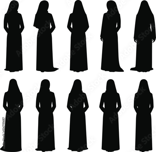Twelve muslim women silhouettes abaya dress