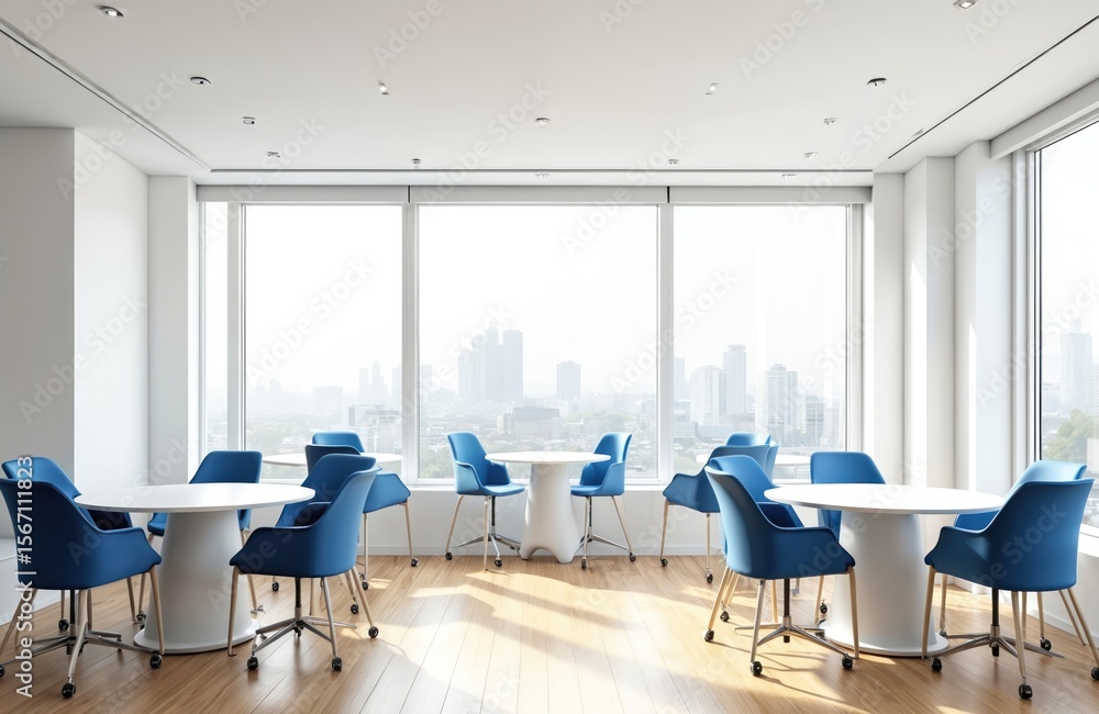 Modern office interior with blue chairs. Tables near windows with city view. White walls wooden floors create business atmosphere. Ideal for workplace coworking concept. Empty room, business, design. Modern office interior with blue chairs. Tables near windows with city view. White walls wooden floors create business atmosphere. Ideal for workplace coworking concept. Empty room, business, design.